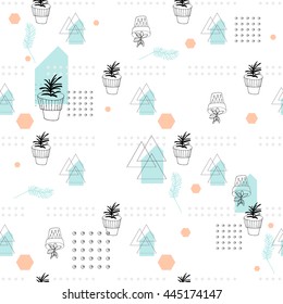 Hand drawn hipster doodle seamless pattern with succulents . 