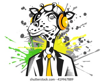 Hand drawn hipster giraffe color with headphones