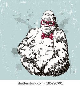 Hand drawn hipster gorilla with glasses and bow on vintage textured background. Vector illustration