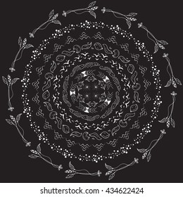 Hand drawn hipster hypnotizing circles with dots, lines, feathers, waves, eyes, birds and anchors on a black background