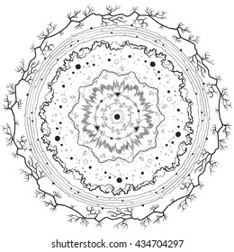 Hand drawn hipster hypnotizing circles with dots, lines, branches