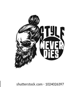 Hand drawn hipster male with beard and long hairs, tattoo, t shirt design, vector illustration