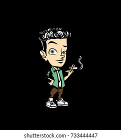 Hand drawn hipster male, hairstyle, cigarette in hand, smoke, vector illustration