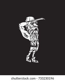 Hand drawn hipster male wearing cap, saluting, long hairs, beard and mustache, vector illustration