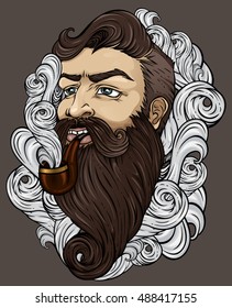 Hand drawn hipster with mustache, beard and tobacco pipe in smoke tuber