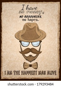 Hand drawn hipster poster print with glasses beard mustache hat and pipe vector illustration