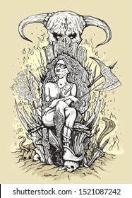 Hand drawn hipster queen on a throne with skulls in hell. Vector illustration.