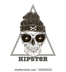 hand drawn hipster scull in beanie hat and glasses, t-shirt design