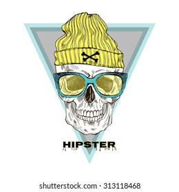 hand drawn hipster skull in beanie hat and glasses, t-shirt design