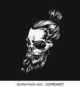 Hand drawn hipster skull with long hair and beard, tshirt print, vector illustration