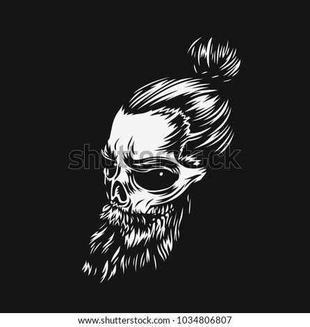 Hand drawn hipster skull with long hair and beard, tshirt print, vector illustration