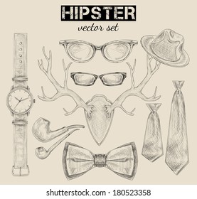 Hand drawn hipster style accessory set hat bow pipe glasses with antlers isolated sketch vector illustration
