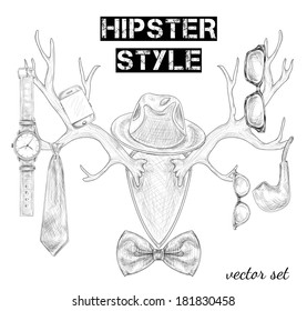 Hand drawn hipster style accessory set on antlers isolated sketch vector illustration