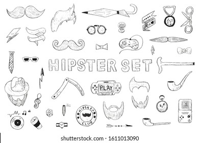 Hand drawn hipster style doodle set of hipster elements. Vector illustrations set of hipster, vintage set, beard and hair, mustache, game consoles, glasses, tubes, print, background.