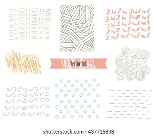 Hand Drawn Hipster Textures Made with Ink. Retro Patterns for Posters, Flyers and Banner Designs. Vector Brushes and Decor Elements. Isolated on White Background. Abstract Hand Drawn Ink Strokes