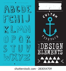 hand drawn hipster typeface and set of design elements