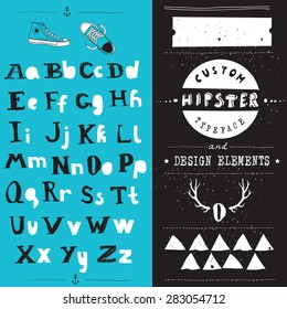 hand drawn hipster typeface and set of design elements