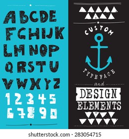 hand drawn hipster typeface and set of design elements