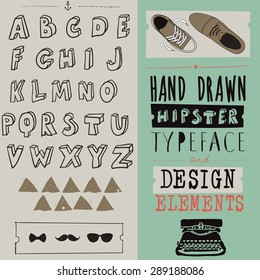hand drawn hipster typeface and set of design elements
