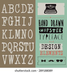 hand drawn hipster typeface and set of design elements