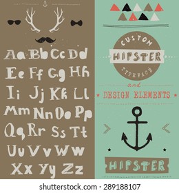 hand drawn hipster typeface and set of design elements