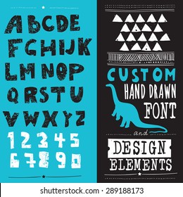 hand drawn hipster typeface and set of design elements