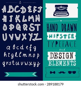 hand drawn hipster typeface and set of design elements