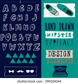 hand drawn hipster typeface and set of design elements