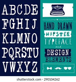 hand drawn hipster typeface and set of design elements