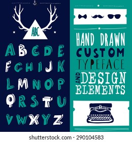 hand drawn hipster typeface and set of design elements