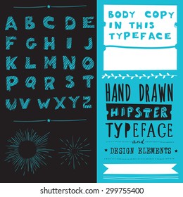 hand drawn hipster typeface and set of design elements