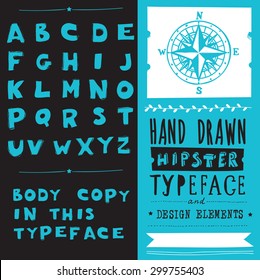 hand drawn hipster typeface and set of design elements
