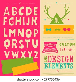 hand drawn hipster typeface and set of design elements