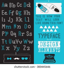 hand drawn hipster typeface and set of design elements