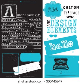 hand drawn hipster typeface and set of design elements
