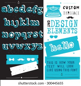 hand drawn hipster typeface and set of design elements