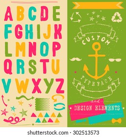 hand drawn hipster typeface and set of design elements