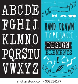 hand drawn hipster typeface and set of design elements