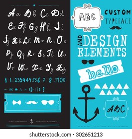 hand drawn hipster typeface and set of design elements