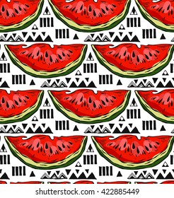 Hand drawn hipster vector seamless pattern of watermelons slice and geometric triangles.It can be used in wrapping paper,fashion trendy fabric,simple ornament and t-shirt design