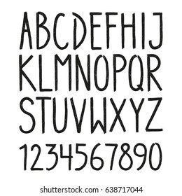 Hand drawn hipster vintage letters and numbers font. marker lettering. Grunge font, Sans serif. Vector design. Isolated on white background. alphabet written with ink, brush. calligraphy, lettering