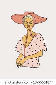 Hand drawn hipster woman portrait. Female cartoon character. Beauty logo. Simple freehand fashion sketch. Girl power concept for print, social media, stickers, poster, card. 