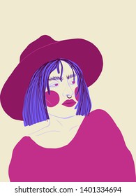 Hand drawn hipster woman portrait. Female cartoon character. Beauty logo. Simple freehand fashion sketch. Girl power concept for print, social media, stickers, poster, card. 