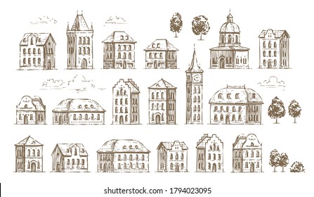 Hand drawn historic buildings set. Vintage sketch of architecture