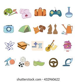  Hand drawn Hobby Icons vector set. Hobby icon in cartoon style for children vector illustration.