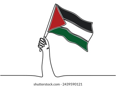 Hand drawn of hand hold Palestinian flag in one line art style. One continuous line vector illustration,