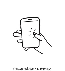 hand drawn hand hold and touch smartphone illustration icon vector