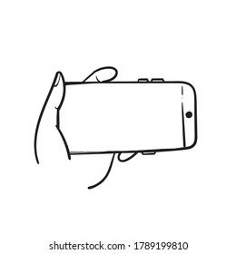 hand drawn hand hold and touch smartphone illustration icon vector