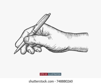 Hand Drawn Hand Holding Ball Pen.  Template For Your Design Works. Engraved Style Vector Illustration.