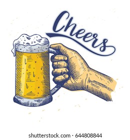 Hand drawn of a hand holding beer making a toast, vector